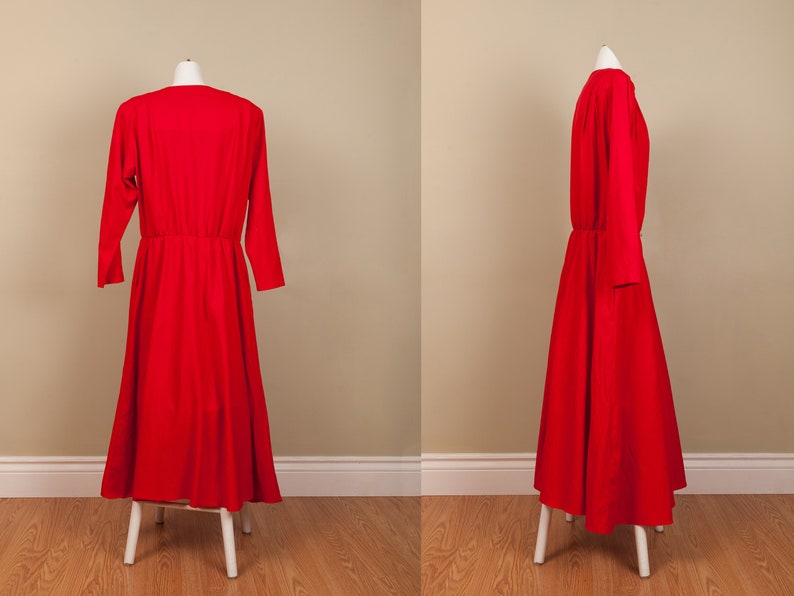 1990s oversized long cherry red dress vintage long sleeve shirt dress 1980s red long sleeve maxi dress size 16 lounge bat wing dress