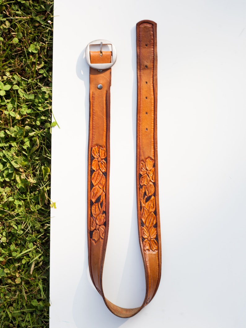 name stamp stew belt vintage leather cognac floral embossed belt removable silver buckle hippie boho brown belt hand tooled leather belt