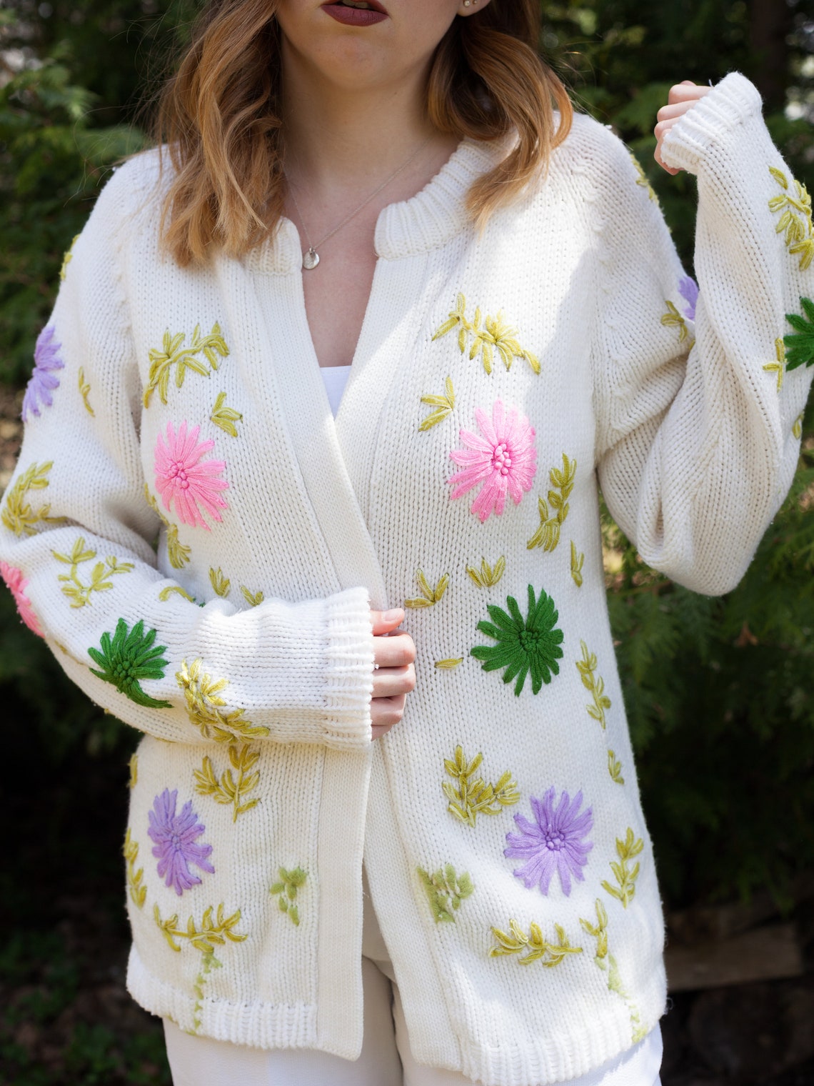1960s white knit floral cardigan 1950s flower cardigan Etsy