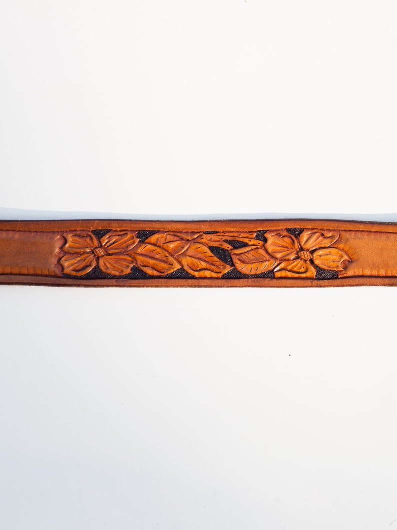 name stamp stew belt vintage leather cognac floral embossed belt removable silver buckle hippie boho brown belt hand tooled leather belt