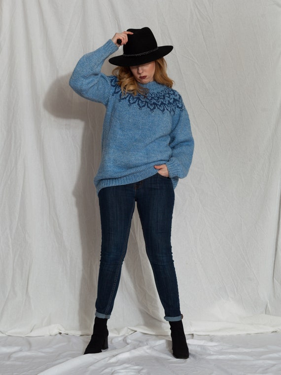 fisherman knit sweater, vintage blue knit sweater,