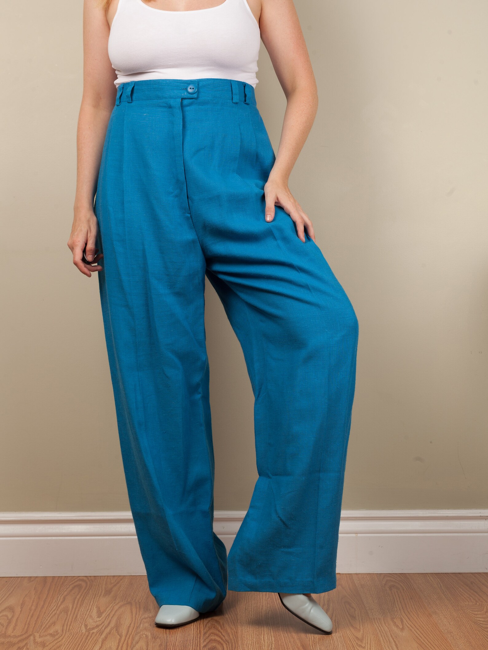 Vintage bright blue linen blend pants size 18 blue trousers | Etsy