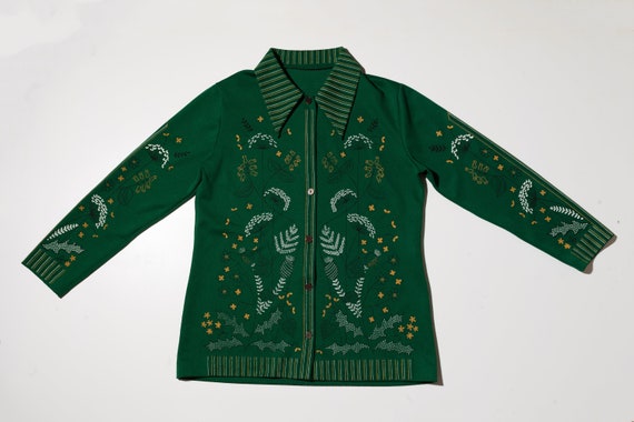 1970s green button up shirt, 1970s floral shirt, 1