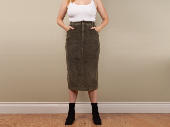 vintage green corduroy midi skirt, fitted 90s gree