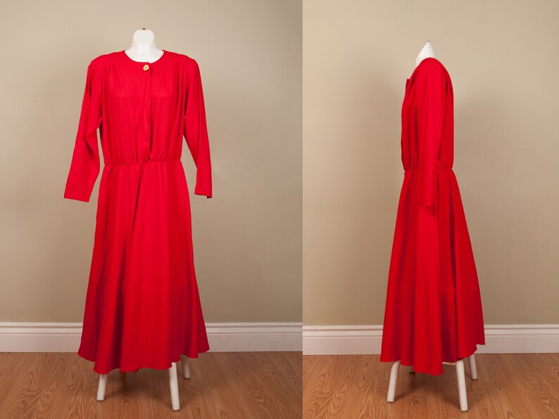 1990s oversized long cherry red dress vintage long sleeve shirt dress 1980s red long sleeve maxi dress size 16 lounge bat wing dress