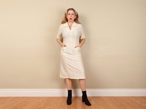 1960s nurse uniform zip up dress, vintage white co