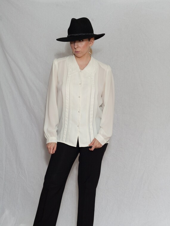 vintage white poet blouse, 1980s semi sheer blouse