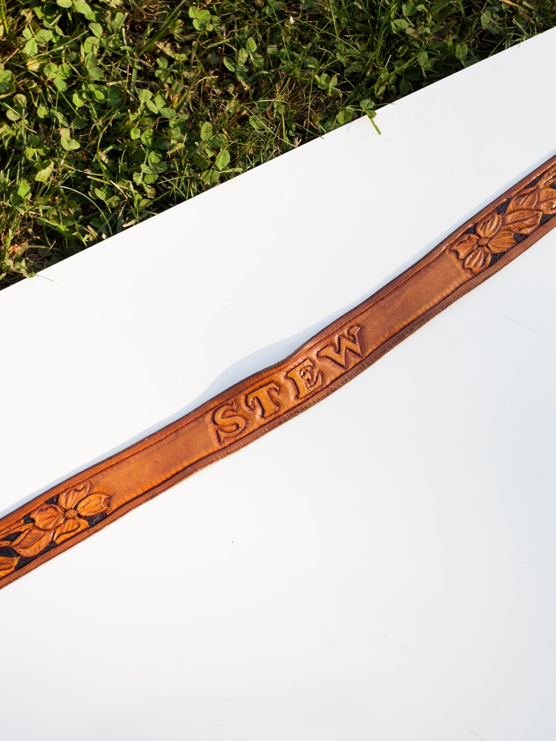name stamp stew belt vintage leather cognac floral embossed belt removable silver buckle hippie boho brown belt hand tooled leather belt