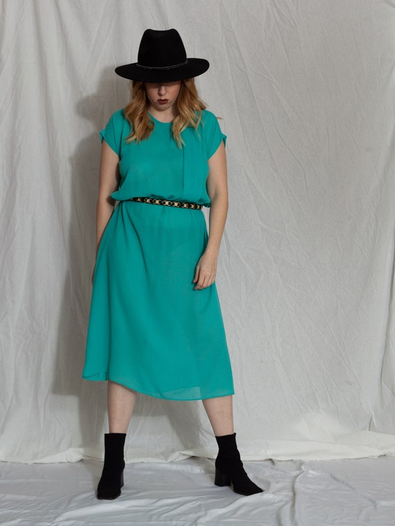 80s green short sleeve dress, 1980s causal dress,