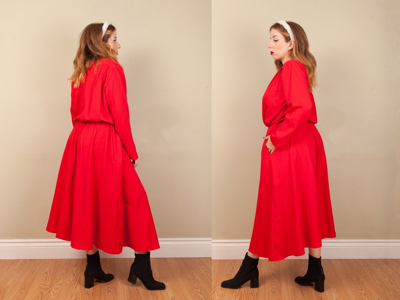 1990s oversized long cherry red dress vintage long sleeve shirt dress 1980s red long sleeve maxi dress size 16 lounge bat wing dress