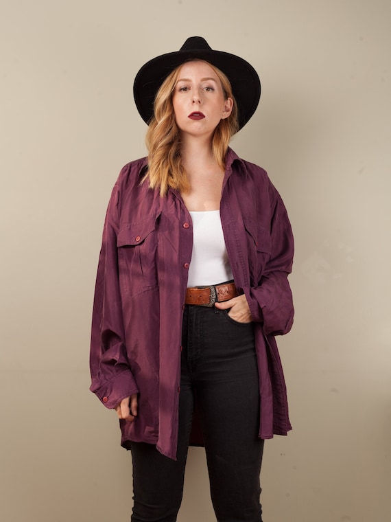 vintage dark purple 100% silk button up shirt, dou