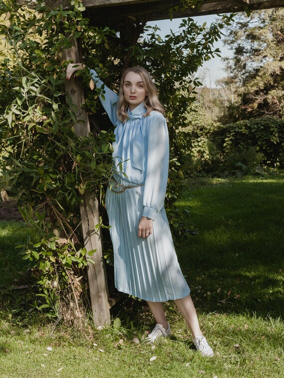 1980s blue maxi dress, small long sleeve dress, 19