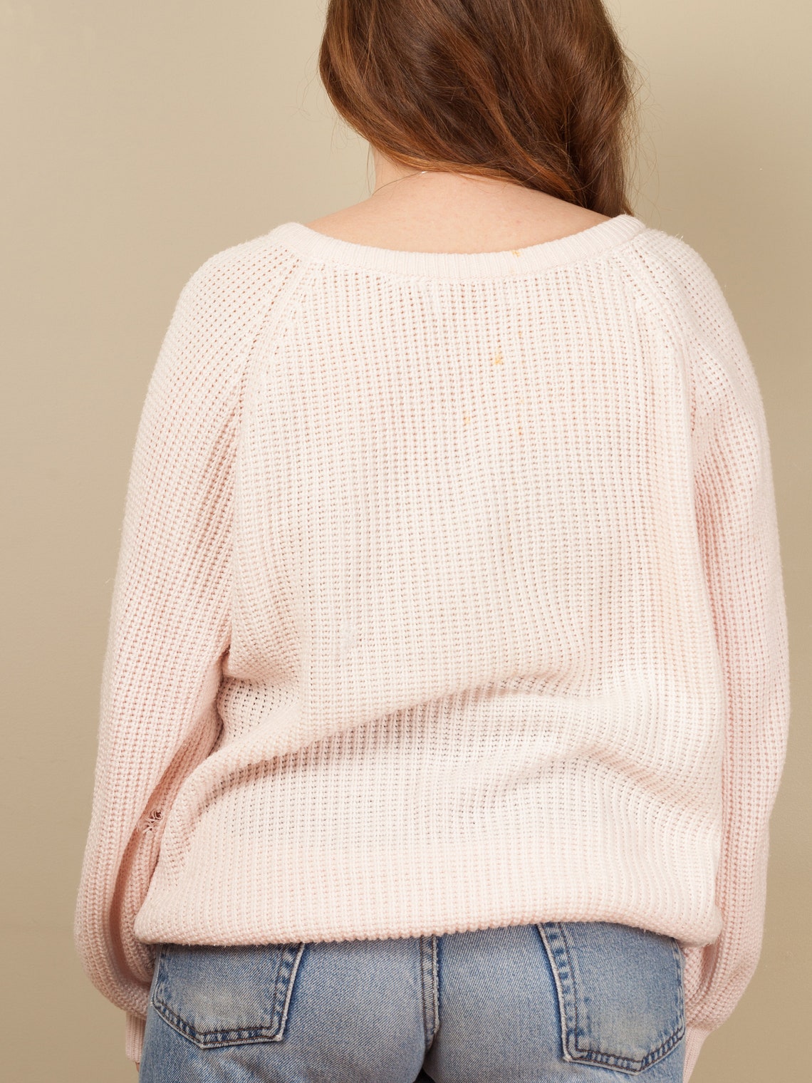 Vintage raglan distressed light pink v neck knit sweater Etsy