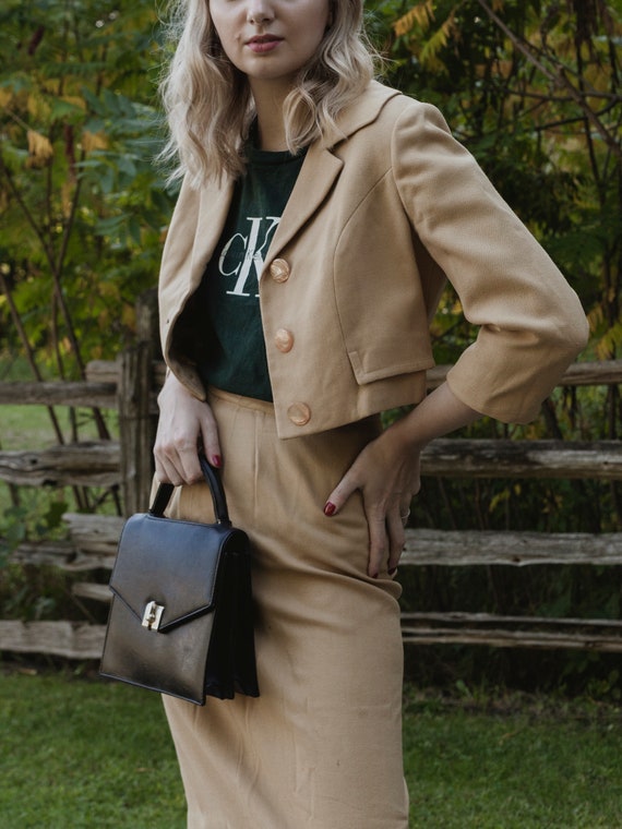 1950s tan midi two piece skirt suit, beige wool bl