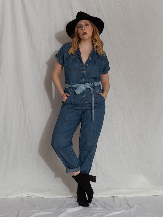 vintage short sleeve denim jumpsuit, 90s jean jump