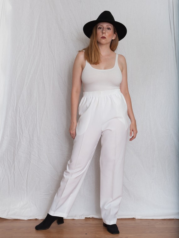90s white tapered elastic waist pants, vintage whi