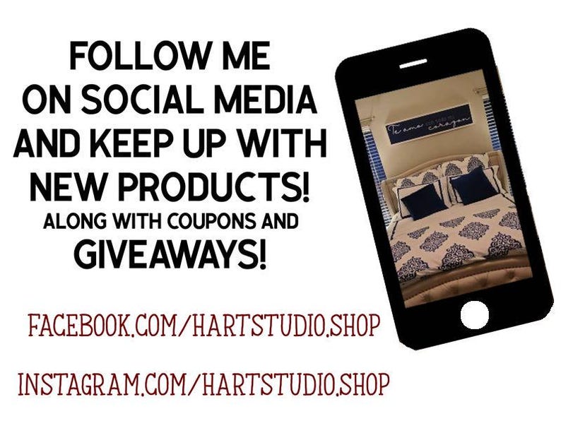 May include: Image promoting Hart Studio's social media presence. The image features a smartphone displaying a bedroom set with a patterned comforter and pillows. Text encourages viewers to follow on social media for new products, coupons, and giveaways. Includes Facebook and Instagram links.