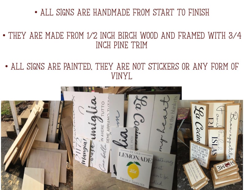 May include: A collection of handmade wooden signs with various phrases and designs. The signs are painted and framed with pine trim. Some signs feature text like "La Cocina" and "Lemonade".