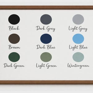 May include: A framed print featuring a color palette with nine color swatches. The colors include black, dark grey, light grey, brown, dark blue, light blue, dark green, light green, and wintergreen. Each color is labeled.