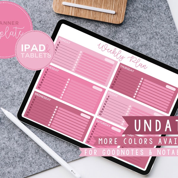 Pink Weekly Planner Template for iPad/Tablets (use in Goodnotes or Notability)