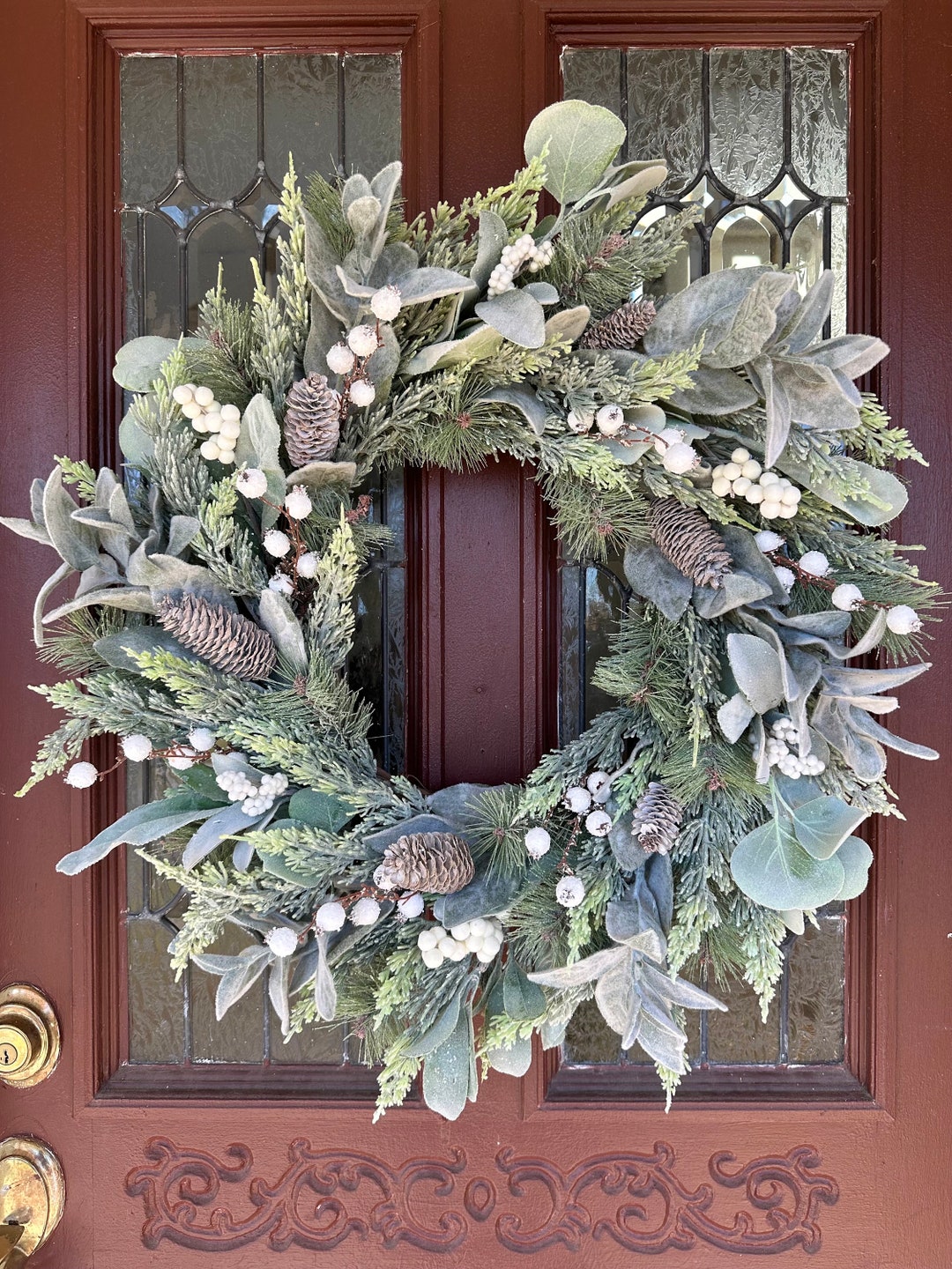 Lamb's Ear and Juniper Flocked Winter Wreath With Pinecones and White ...