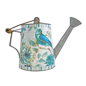 3.5L Shabby Chic Painted Tin Watering Can with Handle, Featuring Bird & Floral,Garden Decoration
