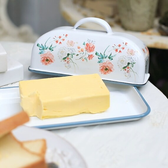 Butter Dish With Lid Kitchen Craft Living Nostalgia Vintage-style Enamel  Butter Dish With Flower White Kitchen Decor 