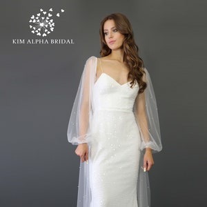 ERICA cape veil with sleeves, wedding cape with detachable sleeves, removable cape, pearl cape, bridal cape veil, made to measure.