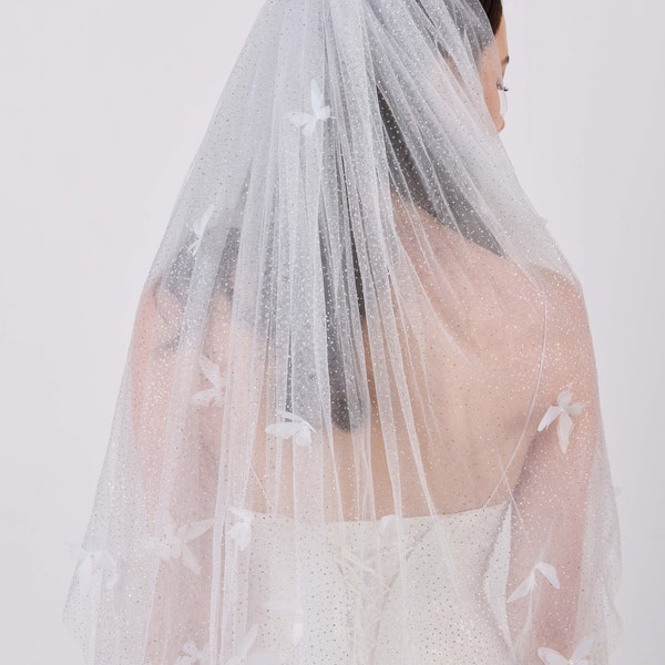 SUMMER, two tier wedding veil, butterfly veil, silver glitter veil, fingertip veil, sparkle veil.