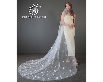 CHANTEA flower wedding veil, 3D flower veil, floral veil, bridal veil, one tier veil, long wedding veil, handmade veil, made to order veil