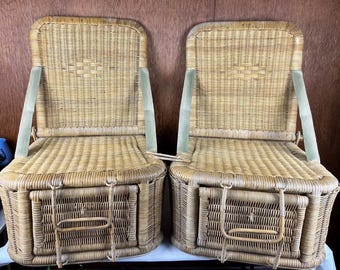 Vintage Wicker Folding Picnic Chairs Set of 2 Rattan Basket Seats Mid Century Portable Storage Chairs