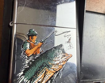Vintage Zippo Lighter Retro Fishing Scene fisherman catching fish collectible