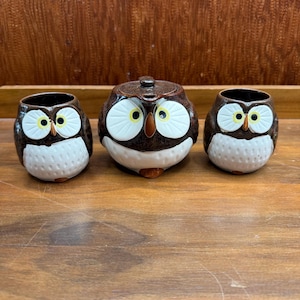 Può includere: Un set da tè in ceramica a tema gufo, composto da una teiera e due tazze. Il set è principalmente marrone con accenti bianchi e gialli, con gli occhi del gufo come elemento chiave del design. La teiera ha un coperchio e le tazze sono aperte in alto.