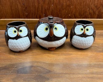 Juego de té vintage KOTOBUKI de Japón con forma de búho, tetera y 2 tazas, cerámica, estilo kitsch MCM.