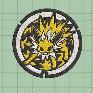 May include: A yellow and white embroidered patch featuring a cartoon character with a lightning bolt design. The character is surrounded by a black and white circle with a white border.