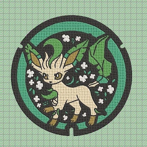 May include: A green, black, and white embroidered patch featuring a cartoon Eevee Pokemon with a leafy background.