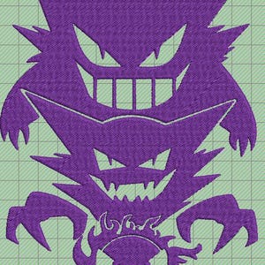 May include: Purple embroidered design of a ghost with a menacing grin and sharp teeth. The ghost is layered with a smaller ghost inside, creating a multi-layered effect. The design is set against a green and white checkered background.