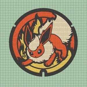 May include: A round, embroidered patch featuring a cartoon of a red and white fox-like Pokemon with flames in the background. The patch is black with a yellow border.