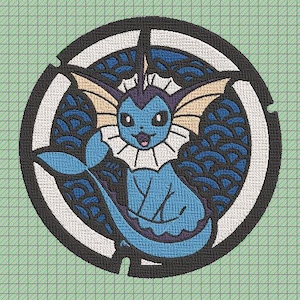 Puede incluir: Un parche bordado azul y blanco con un Pokémon de agua de dibujos animados con una aleta y una corona. El parche es circular y tiene un borde negro.