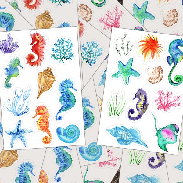 Sea Horses Starfish, Sticker Sheets, Vinyl Decal, Seahorse Clipart, Birthday Party Favor Sticker, Sea Animals Stickers, Ocean Nautical Beach