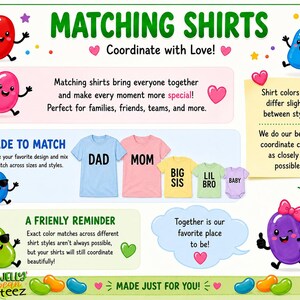 The image is a colorful and playful advertisement for matching shirts, featuring cartoon characters and various shirt designs.