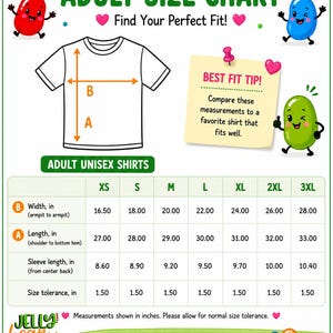 The image is an adult size chart for unisex shirts, providing measurements and sizes for different age groups.