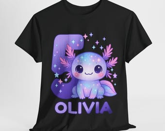 Cute Axolotl Birthday Girl Shirt, Kawaii Kids Axolotl Gift Tee, Mexican Salamander Party Outfit, Chibi Animal Shirt for Girls Birthday Party