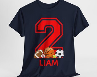 Personalized Sports Birthday Shirt, Custom Name and Number Tee for Boys, Football Baseball Basketball Soccer Gift, Sports Party Outfit