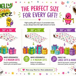 The image is an advertisement for Jelly Bean Teez gift wrapping, showcasing different sizes of wrapping paper rolls and their corresponding gift sizes.
