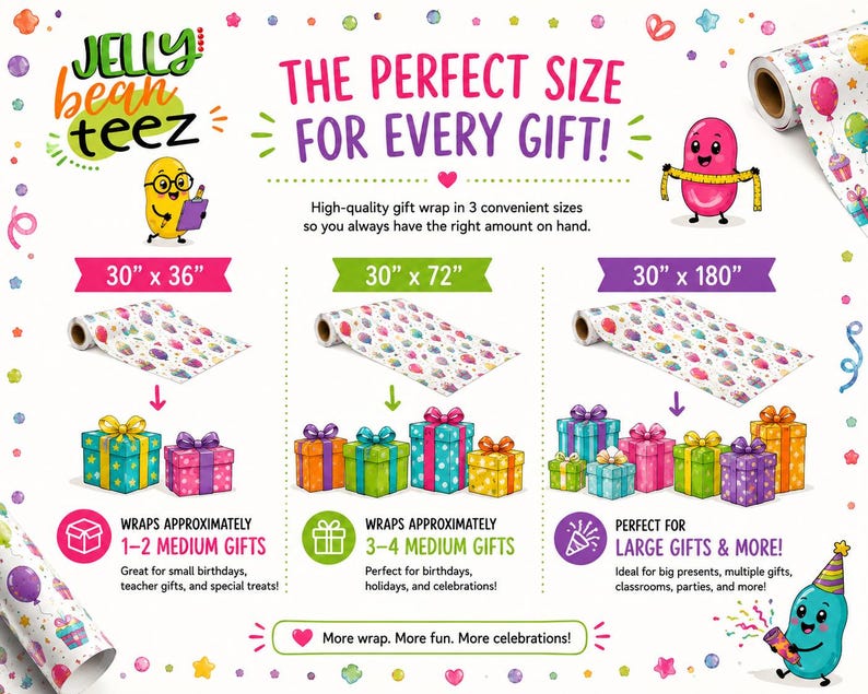 The image is an advertisement for Jelly Bean Teez gift wrapping, showcasing different sizes of wrapping paper rolls and their corresponding gift sizes.