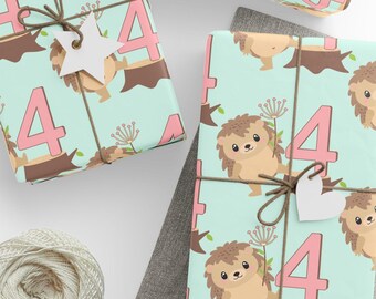 Custom Hedgehog Birthday Gift Wrap, Age Number Wrapping Paper for Kids, Woodland Animal Lovers Birthday Party Decor, Personalized Paper