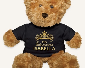 Personalized Quinceañera Teddy Bear, Custom Name Plush Gift for Girls, Quince Años Stuffed Animal, Gold Crown Keepsake