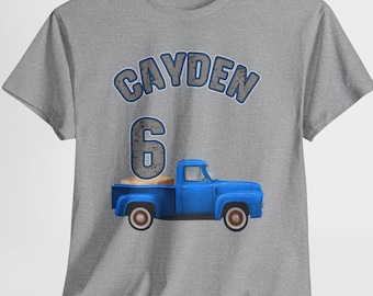 Personalized Blue Retro Truck Birthday Shirt, Custom Name & Age T-Shirt, Vintage Pickup Birthday Outfit for Kids, Boys Party Truck Tee