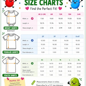 The image is a size chart for baby and youth clothing, providing measurements and corresponding size labels for different age groups.